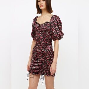 For Love & Lemons Melrose Satin Black and Pink Ruche Mini Puff sleeve dress